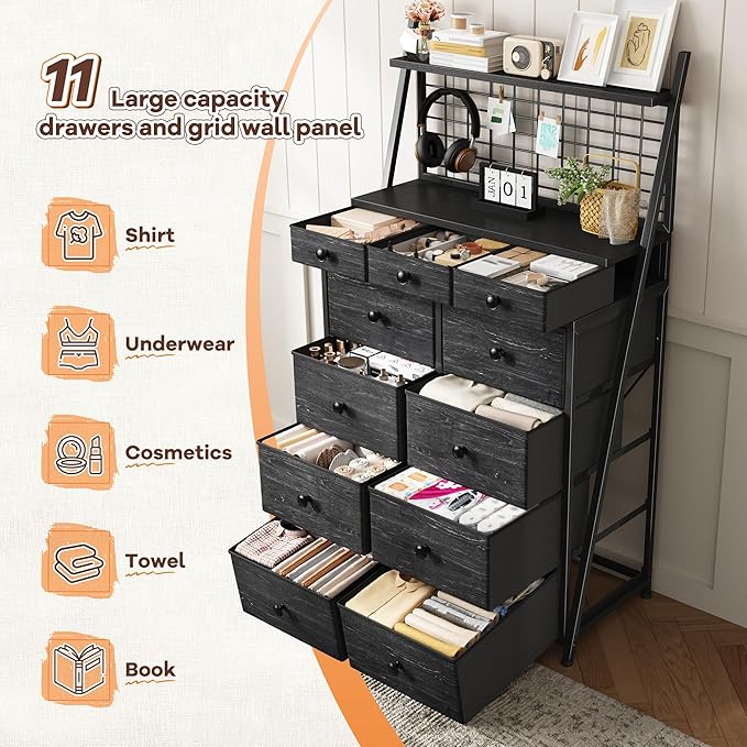 51" H Dresser for Bedroom with LED, 11 Drawer Dresser with Wire Grid Panels & Open Shelves for Entryway, Dorm, Black, 11.8" D x 33.9" W x 51.2" H