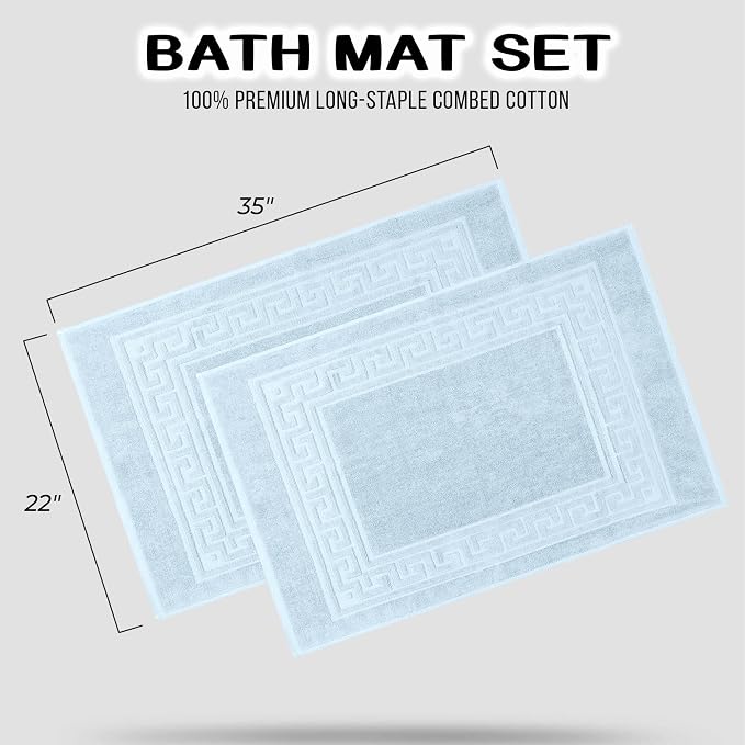 Superior Heavyweight Cotton Bath Mats, Bath Rugs For Bathroom Accessories, Washable Rug For Shower, Toilet, Modern Decor, No Backing, Luxury Hotel And Spa Quality, Set of 2, 22" x 35", Light Blue