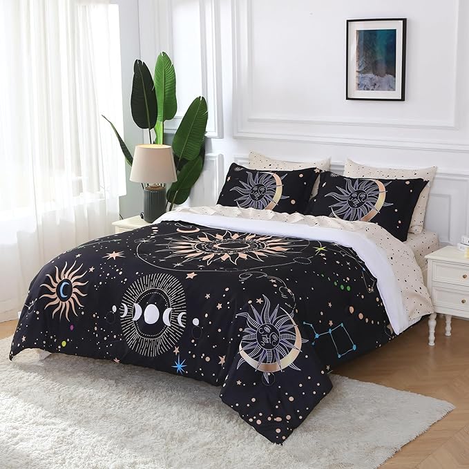 7 Piece Sun and Moon Comforter Set Bed in a Bag Queen Size - Boho Celestial Constellations Bedding for Girls Women - Black Gold - Lightweight Comforter with Sheets and Pillowcases
