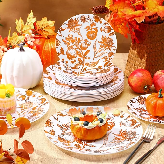 Suclain 60 Pcs Brown Fall Pomegranate Plastic Plates Thanksgiving Wedding Party Decoration Bulk 10.25'' 7.5'' Dessert Dinner Disposable Plastic Plates for Bridal Shower Party Supplies
