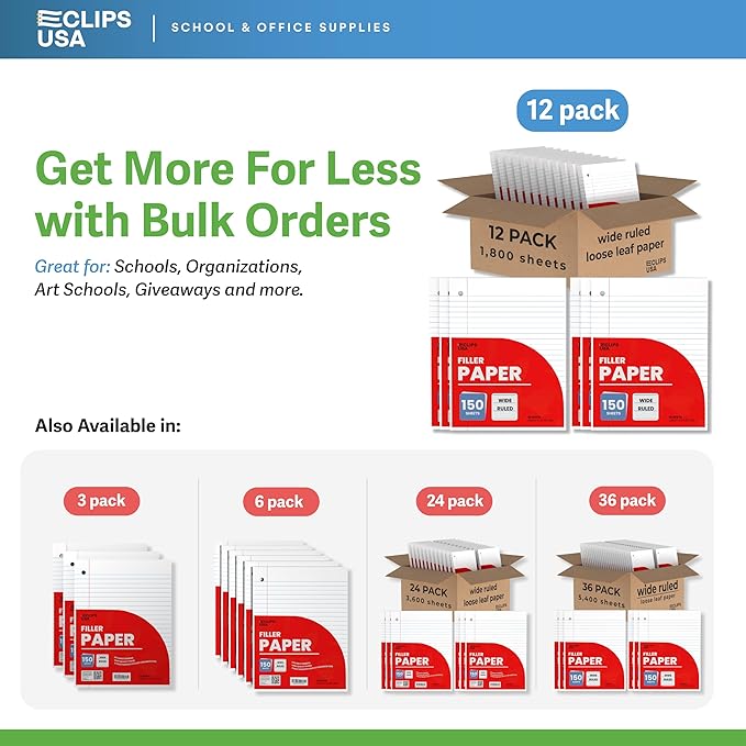 Wide Ruled Loose Leaf Paper Wide Ruled Notebook Paper Lined Writing Filler Paper 10.5” x 8” 56 gsm 1800 Sheets 150 Sheet Per Pack (12 Pack)