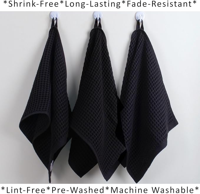 PÜSKÜL Natural 100% Turkish Cotton Waffle Kitchen Towels Set of 3 | Oeko-Tex, Premium Waffle Hand Towels for Bathroom | Soft Absorbent Quick-Dry Lint-Free Dish Towel Large 32x16 inch (3, Black)