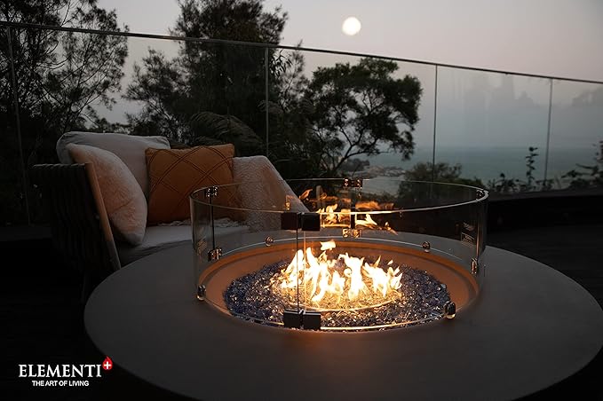 Elementi+ | Colosseo Gas Fire Pit Cast Concrete 40" Dia. Round Fire Table, Outdoor Fire Pit Electronic Ignition | Canvas Cover, Fire Glass and Burner Lid Included | Light Gray | Propane Gas