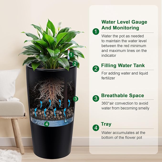 GarveeLife 30 in Tall Planters for Outdoor Plants Set of 2, Large Outdoor Planters for Front Porch Decor with Drainage Holes＆Water Level Monitor ＆Inner Bucket, Automatic Watering, Black