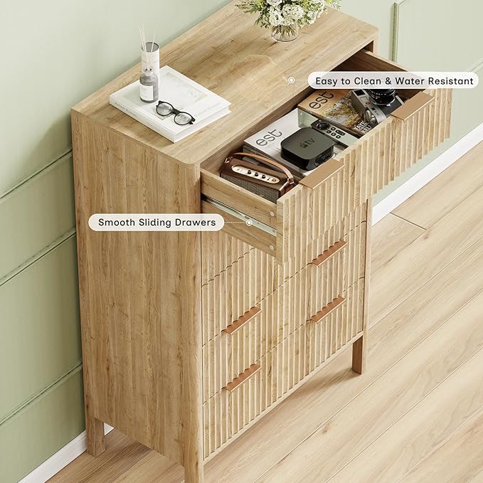 47" Tall Dressers for Bedroom Fluted 5 Drawer Dresser, Wooden Dresser Modern Chest of Drawers Dressers with Organizer Storage for Bedroom, Living Room, Entryway, Oak