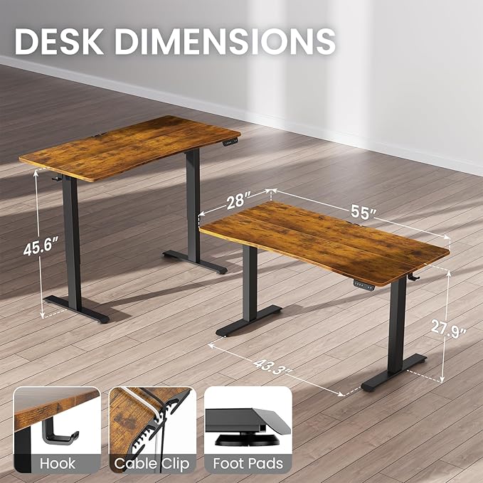 Veken 55 x 28 Inch Electric Standing Desk with Adjustable Height, Sit to Stand Computer Table for Study, Work or Gaming, Home Office Desk Brown