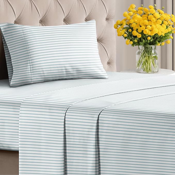 Striped Sheets - Blue & White Striped Sheets - 1 Flat & 1 Fitted & 1 Pillowcase w/ Deep Pockets – Wrinkle & Fade Resistant - Soft, Breathable & Cooling - Luxury Pinstripe Bedding - Twin Size Bed Set
