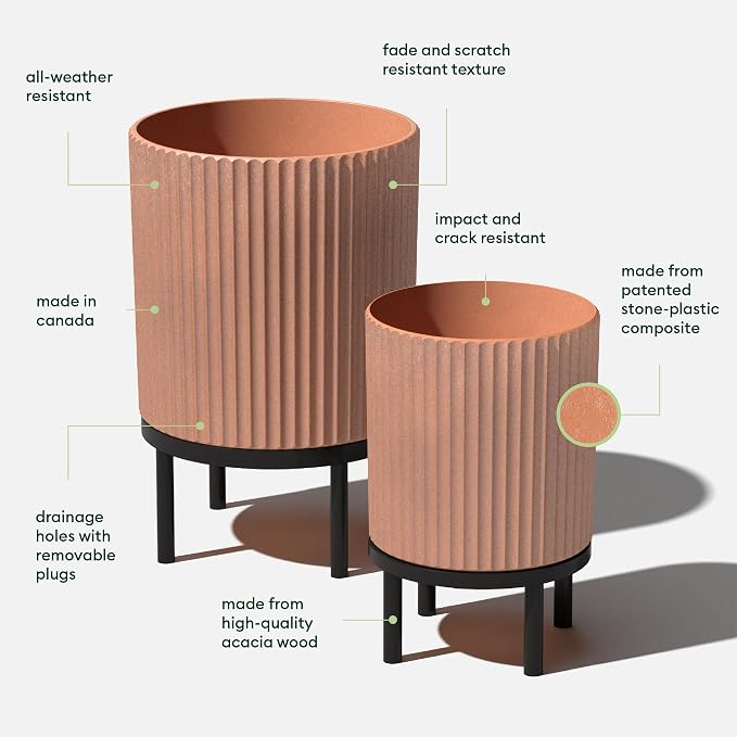 Veradek Demi Series Round Planter w/Stand for Porch/Patio | Durable Plastic-Stone Composite & Wooden Stand | Modern Décor for Tall Plants, Flowers