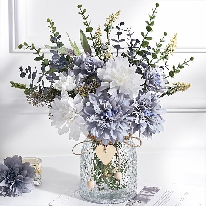 MARTINE MALL Fake Flowers in Vase, Faux Flowers in Vase, Dahlia Artificial Flowers in Vase Centerpiece Table Decorations Artificial Flower Arrangement for Home Dining Room Office Farmhouse, Blue