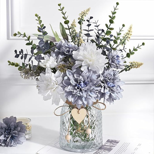 MARTINE MALL Fake Flowers in Vase, Faux Flowers in Vase, Dahlia Artificial Flowers in Vase Centerpiece Table Decorations Artificial Flower Arrangement for Home Dining Room Office Farmhouse, Blue