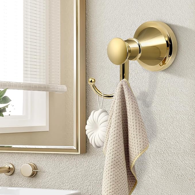 Gold Bathroom Towel Hook, Brushed Gold Bathroom Robe Hook, Heavy Duty Double Towel Hooks Bath Modern Coat Clothes Hook Wall Mounted for Kitchen Washroom