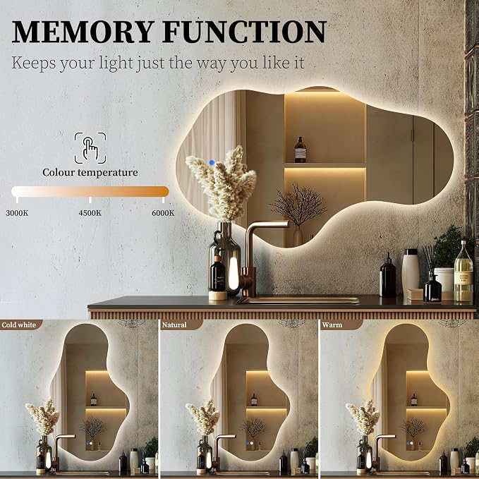 Irregular LED Bathroom Mirror with Lights, Backlit Vanity Mirror for Wall, Asymmetrical Wall Mirror, 3 Color Dimmable Anti-Fog Smart, Decorative Mirror for Bathroom, Entryway(26″ x 43″, 1 Pack)
