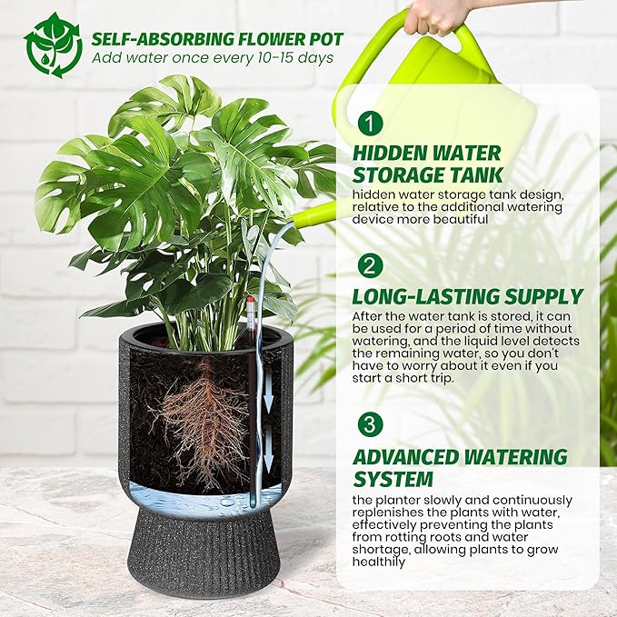 14.2" Tall Planters Set of 2, Plant Pots, Self Watering Pots for Indoor Plants, Flower Pots With Built-In Drainage and a Water Level Monitor, for Patio, Porch, Living Room, or Office, Marble Black