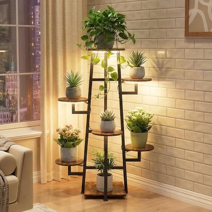 7 Tier Plant Stand Indoor with Grow Light for Multiple Plants | Corner Flower Stand, Vintage Multi-Layer Design, Sturdy Plant Shelf, Space-Saving, Ideal for Living Room Indoor Display