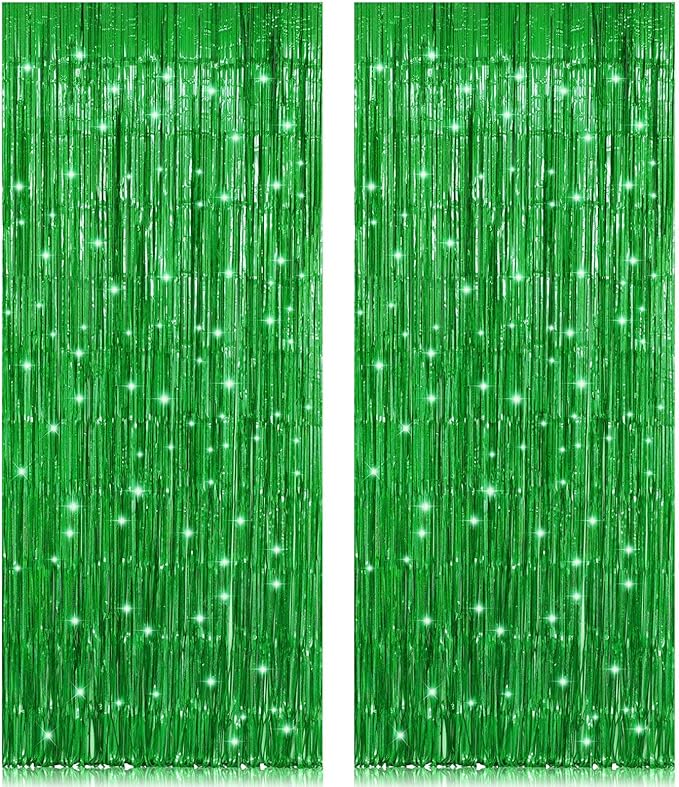 2 Pack 3.2ft x 8.2ft Green Foil Fringe Curtain, Metallic Tinsel Foil Fringe Rain Curtain Streamers Photo Backdrop for St Patricks Day Decorations Birthday Christmas Jungle Safari Tropical Party Decor