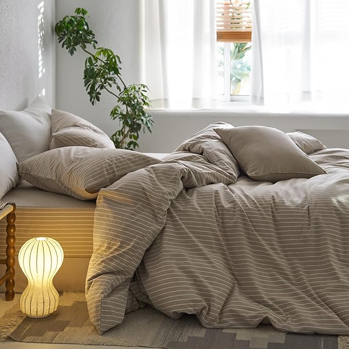 MooMee Striped Duvet Cover Set 100% Washed Cotton Linen Like Textured Breathable Durable Soft Comfy (Tannish Linen Grey White Wide Stripes, Twin 68"x90")