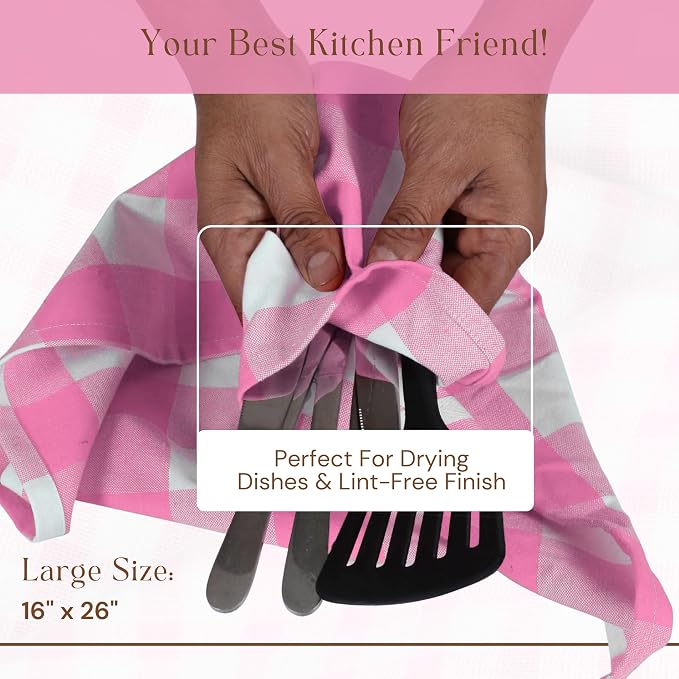 Buffalo Check 4 Pack Kitchen Towels, 16"x26", Plaid Dish Towels, 100% Cotton, Absorbent, Washable, Everyday Kitchen Essentials, Soft Cloths for Cleaning, Drying Hands, Pink White