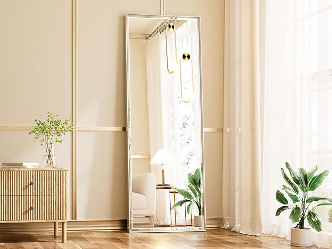 16x60 Inch Brushed Nickel Rectangle Full Length Mirror with Beveled Edges, Anti‑Rust Standing or Wall Mounted Full Body Mirror for Bedroom, Living Room, Entryway, Bathroom Wall
