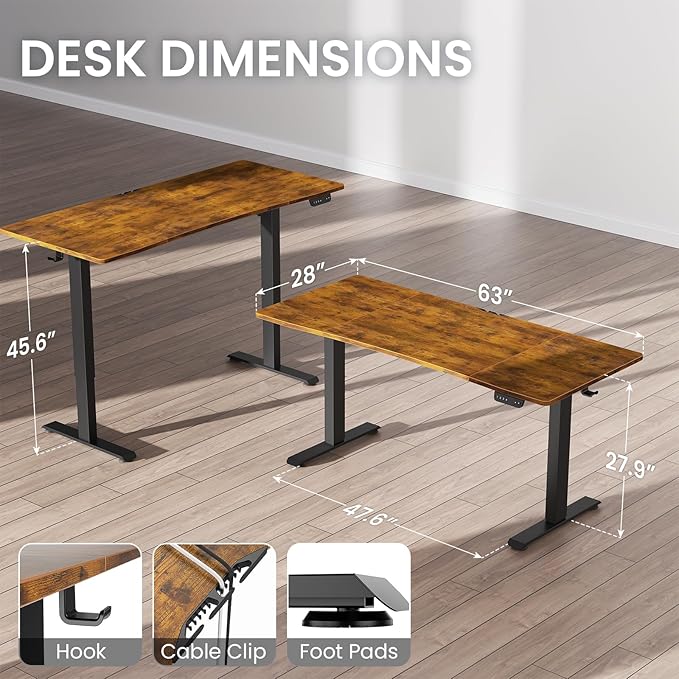 Veken 63 x 28 Inch Electric Standing Desk with Adjustable Height, Sit to Stand Computer Table for Study, Work or Gaming, Home Office Desk Brown