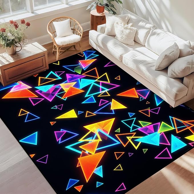 Triangle Area Rug 3'x5' Blacklight Glow in The Dark Geometric Rug Non-Slip Washable Colorful Neon Light Floor Mat for Entryway Bedroom Living Room Nursery Kitchen Playroom Home Decor