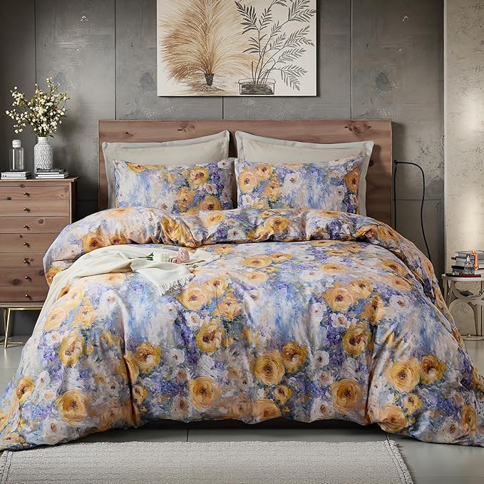 100% Cotton Duvet Cover King Size – Impressionist Natural Yellow & Blue Floral Duvet Cover Set with Zipper Closure, 3-Piece Soft Breathable Durable Percale Cotton Bedding Set for All Seasons