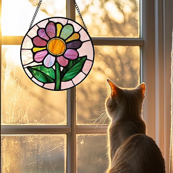 Stained Glass Window Hanging 4 Pcs Set Pink Floral Theme Large 15" - Flowers Suncatcher Door Garden Sun Catcher Decor Birthday Christmas for Mom Woman Nana Men Friend