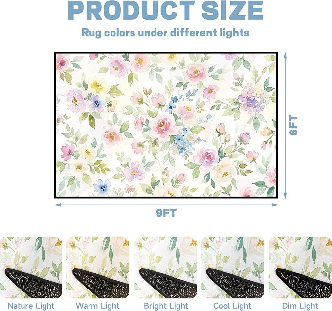 Watercolor Floral Rug 6'x9' Soft Pastel Botanical Area Rug for Entryway Bedroom Living Room Nursery Kitchen Playroom Home Decor Low Pile Non-Slip Washable Carpet