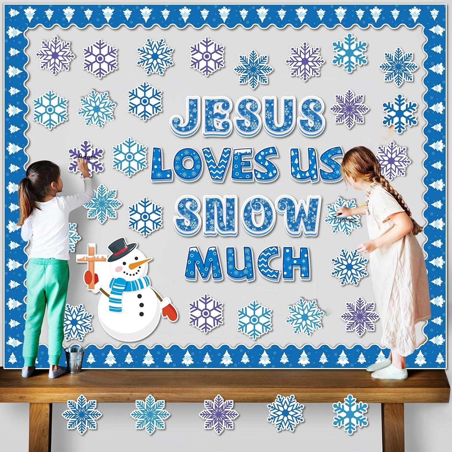 Skiennix Winter Bulletin Board Decoration Set - Snowflakes & Snowman Paper Cutouts | Christmas Classroom & Church Decor