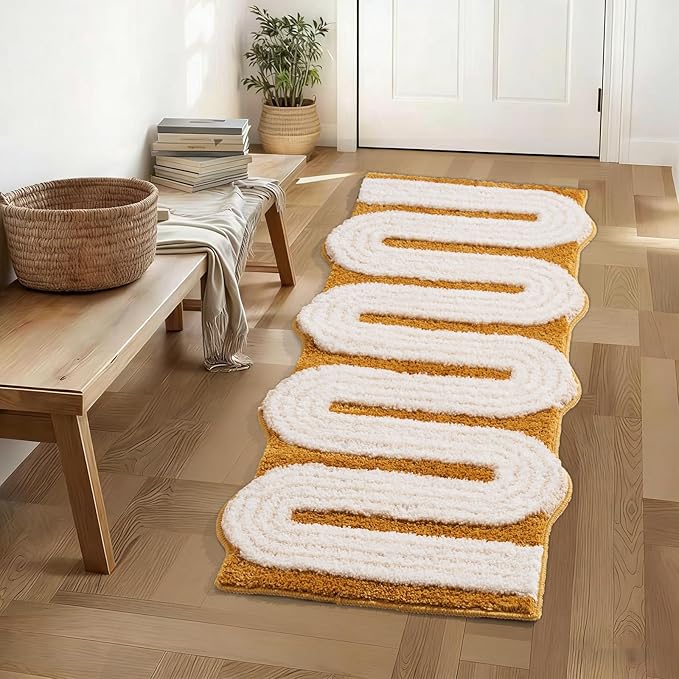 Geometric Design Boho Runner Bathroom Rugs, Long Scalloped Cute Bath Mat Non Slip for Bedroom Kitchen Hallway Laundry Room, Funky Retro Farmhouse Bath Rug Washable, Mustard Yellow, 51"x20"