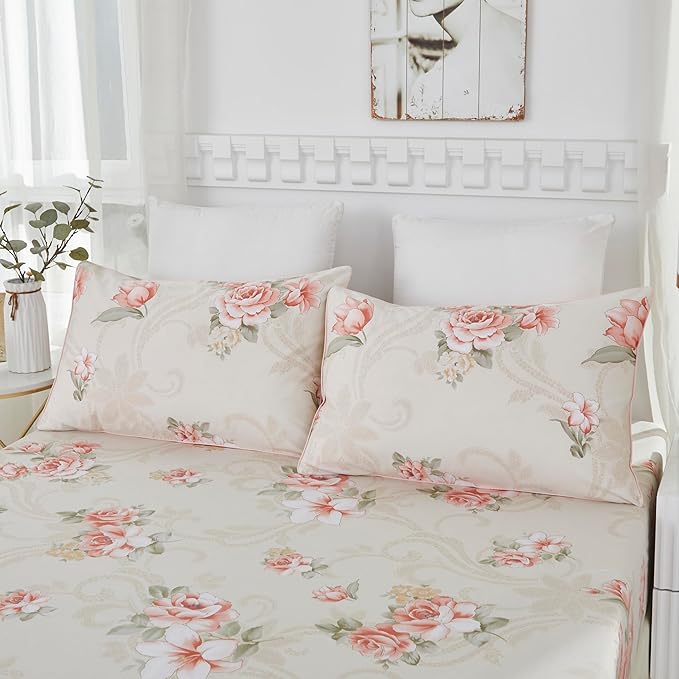 Brandream Floral Bed Sheets Twin Size Luxury Blossom Flower Print, 100% Egyptian Cotton 4 Pieces Sheet Set, Kids Sheets, Cooling Sheets for Twin Size Bed Deep Pockets, Floral Bed Sheets