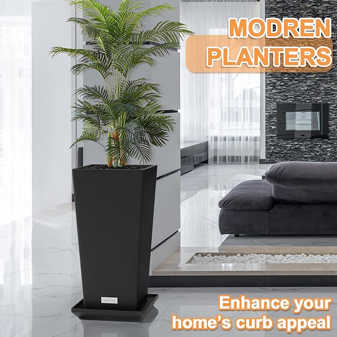 Elevens Outdoor Planter Larger Flower Pots Indoor Taper Garden V-Shape Tall Planters 30 inches Garden Pots Planter with 2 Trays - Black（2 Packs）, 30"-2 Pack (USAM004)