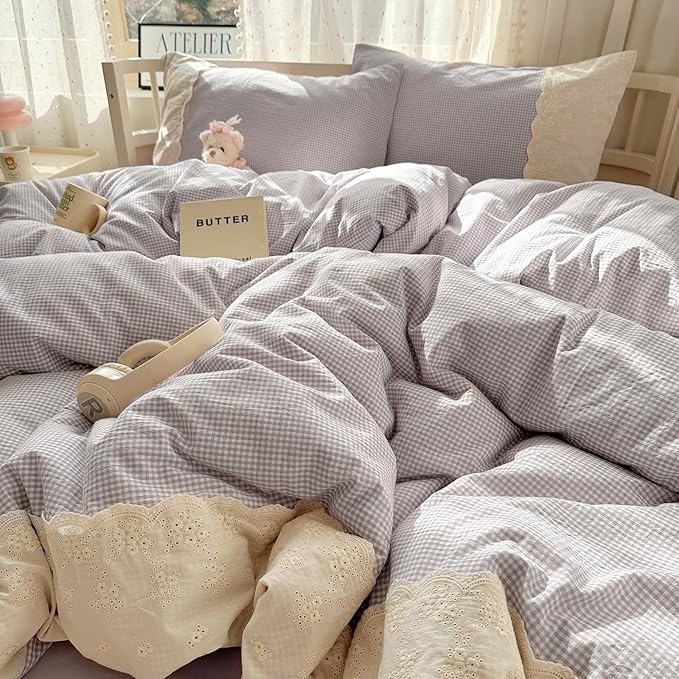 LifeTB Purple Gingham Comforter Set Full Size 3 Pieces Princess Lace Bedding Set Vintage Plaid Checkered Comforter with 2 Pillowcases Cozy Soft Breathable Purple Grid Comforter Set for Girls Teens