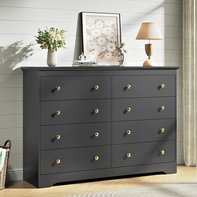 Black Dresser for Bedroom，55" Wide 8 Drawers Dressers,Modern Wooden Chest for Living Room, Hallway