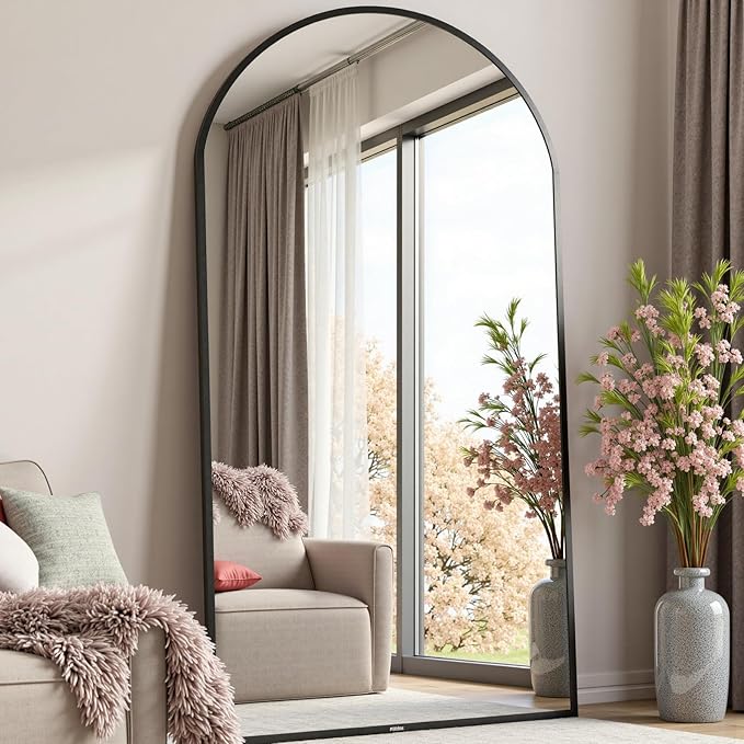Dewfig Full Length Mirror, 71"*26" Arched Full Body Mirror with Stand, Large Floor Mirrors for Leaning or Hanging, Big Mirrors for Bedroom, Living Room,Dressing Room, Aluminum Alloy Frame, Black