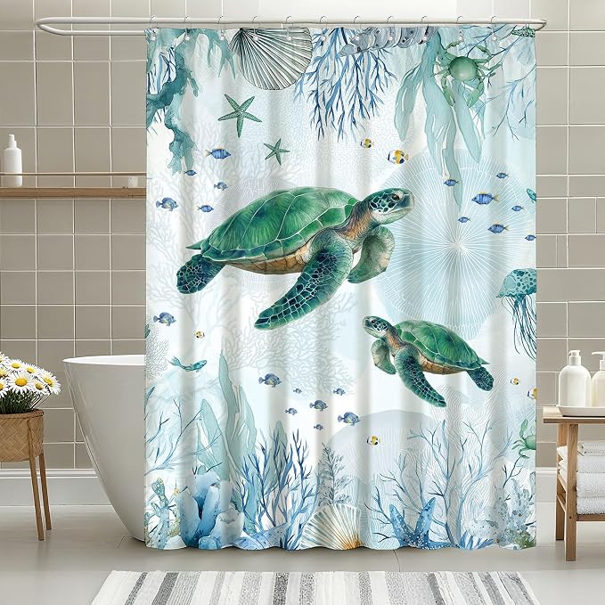 Green Sea Turtle Shower Curtain Teal Blue Coastal Shower Curtains for Bathroom Waterproof Fabric Bath Curtain Decor with Hooks