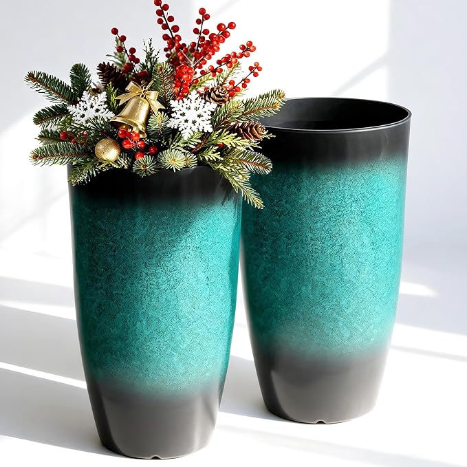 23.75" H Large Tall Outdoor Planters, Set of 2 Plastic Large Flower Pots for Outdoor Plants, Weather-Resistant for Porch, Garden, Patio or Indoor All Season Decor, Gradient Turquoise Finish
