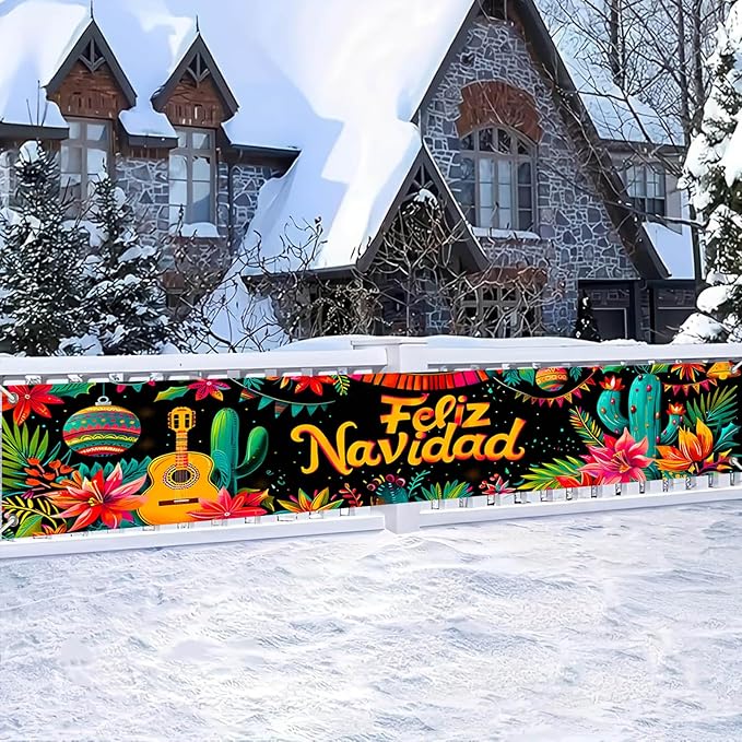 Feliz Navidad Banner 118 x 20 Inch Mexican Christmas Backdrop with Guitar Cactus Poinsettia Flowers Large Holiday Party Wall Decoration for Outdoor Fence Yard Porch Photography