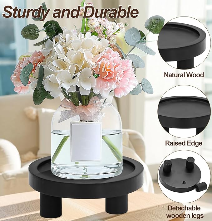 3 Pcs Wood Plant Stand Indoor Outdoor, Wooden Stool Display Stand 5/6/8" Round Riser Flower Pot Holder with Raised Edge Small Planter Tray Modern Potter Decorative for Garden Desktop Home Table Counter Room (Black)