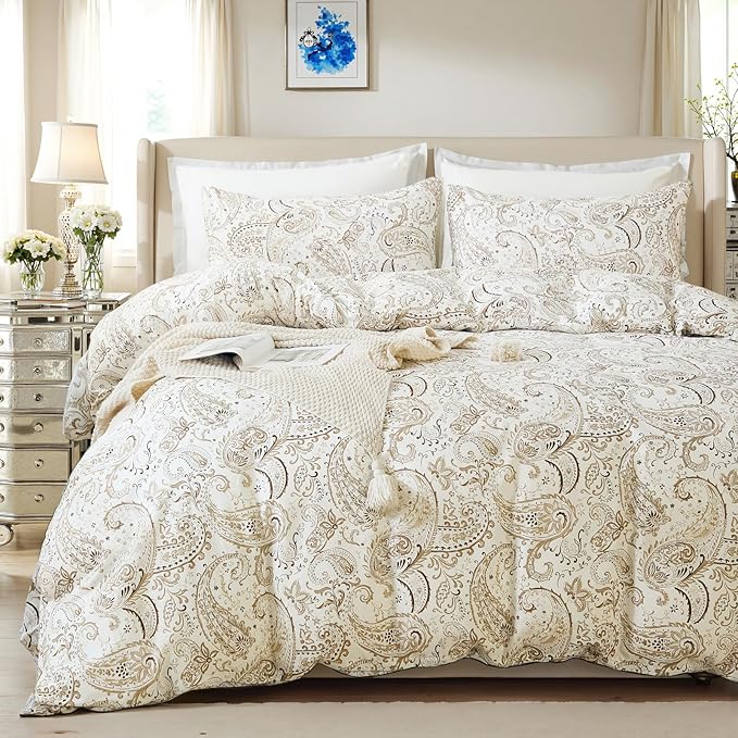 100% Cotton Duvet Cover Queen Size- 3 Pcs Grey Paisley Comforter Cover, Soft & Breathable Floral Bedding Duvet Cover Sets with Zipper Closure for All Season