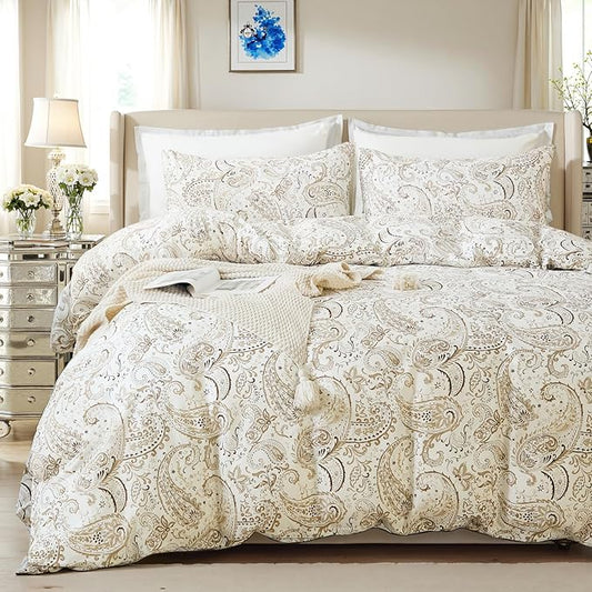 100% Cotton Duvet Cover Queen Size- 3 Pcs Grey Paisley Comforter Cover, Soft & Breathable Floral Bedding Duvet Cover Sets with Zipper Closure for All Season