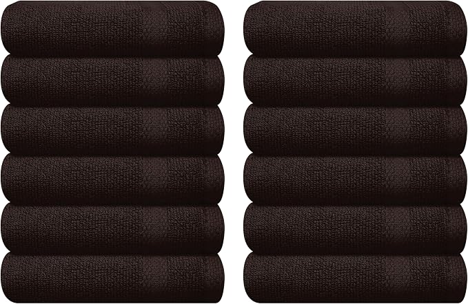 GLAMBURG Ultra Soft 12-piece Washcloths Set 13x13-100% Ringspun Cotton - Durable & Highly Absorbent Face Towels - Ideal for use in Bathroom, Kitchen, Gym, Spa & General Cleaning - Chocolate Brown