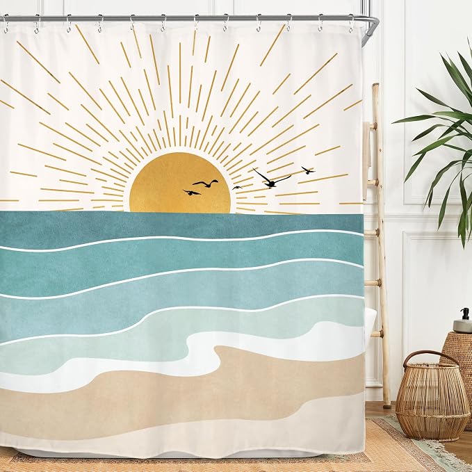 Miyotaa Abstract Sun Minimalist Shower Curtain Set 60Wx71H Inches Beach Sunrise Aesthetic Coastal Teal Turqoise Aqua Polyester Waterproof Cloth Bathroom Curtain with 12 Hooks