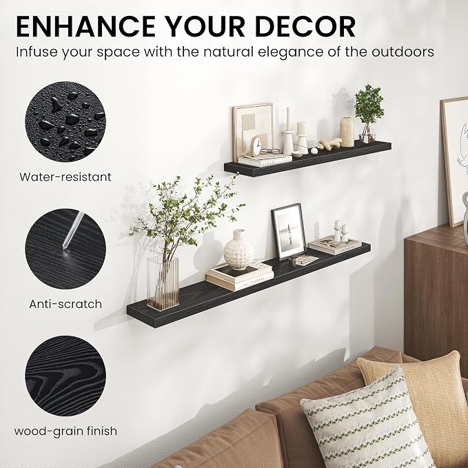 Heimlove Floating Shelves for Wall 40 Inch,Mounted Storage & Display Hanging Shelf with Invisible Brackets,for Bedroom,Living Room,Kitchen,Office,Set of 2,Black