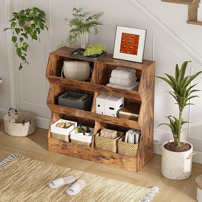 DINZI LVJ Toy Storage Organizer, Kids Bookshelf, Wooden Toy Storage Cabinet, 6 Cubby Children Bookcase, 35.4" L Toddler Book Shelf for Playroom, Living Room, Nursery, Hallway, School, Rustic Brown