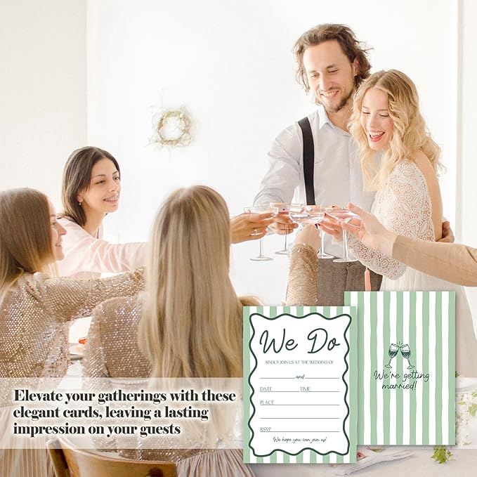 Green Stripe Wedding Invitations, 5"x 7" Cheers & Tears Wedding Invites Card With Envelopes, 25 PCS for Party Decorations and Supplies - A05