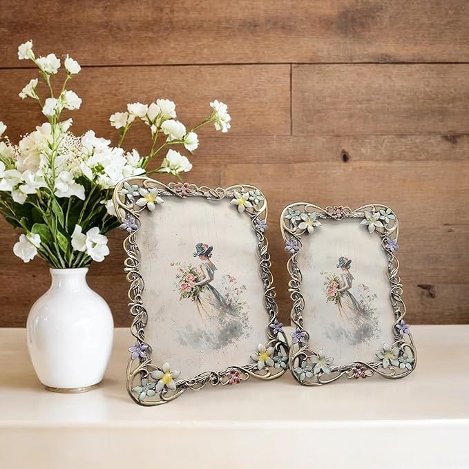 Vintage 5X7 Floral Picture Frames Luxury Unique Ornate Antique Metal Photo Frame of HD Glass for Tabletop/Wall Display Gifts for Women (Retro Colored Flowers)