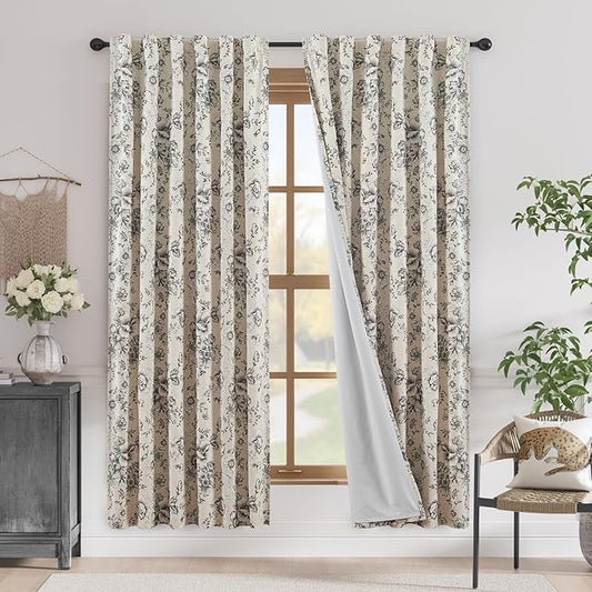 jinchan Blackout Linen Blend Curtain Floral Blackout Curtains for Living Room 72 Inch Length Black Printed with Lined Blackout Curtain for Bedroom Farmhouse Curtains Set 2 Panels