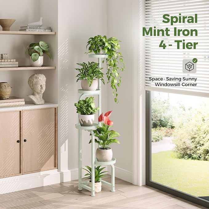 Bamworld Corner Plant Stand Indoor Outdoor, Tall Metal Flower Pot Stands for Multiple Plants, 4 Tier Mint Green Heavy Duty Plant Shelf for Patio Garden Balcony Living Room Bedroom(Patent Design)