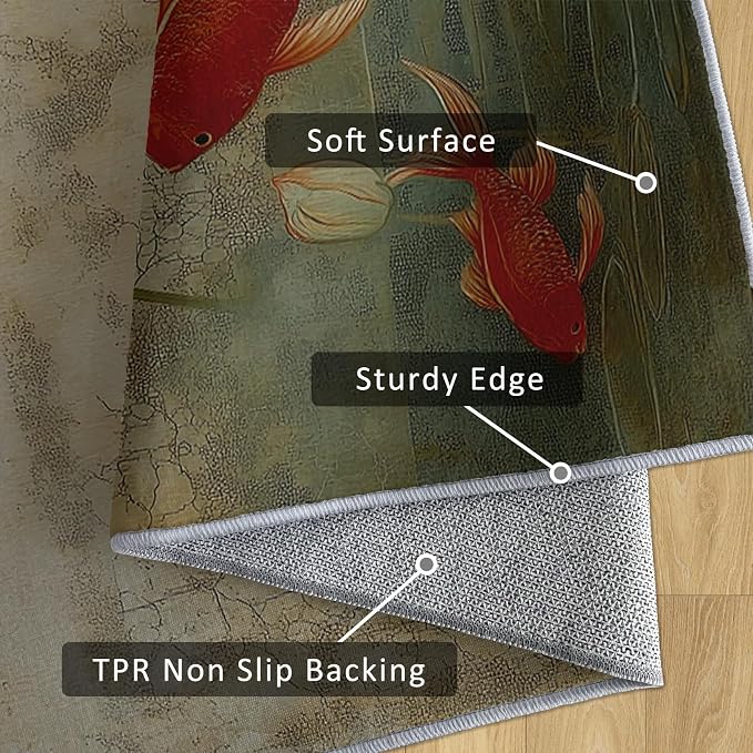 Lotus Flower Runner Rug 3x12, Koi Fish Design, Asian Art Area Rug, Washable Carpet Runner for Bedroom, Standard Hallways, Kitchen Walkway, Dining Room Sideboard
