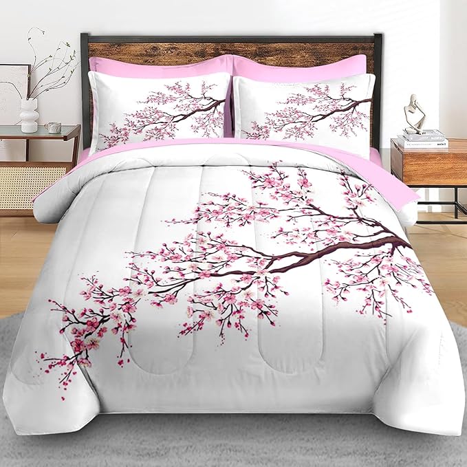 Comforter Set Twin Size, Japanese Cherry Blossom 5 Pcs Bedding for Kids and Adults, Flower Painting Pink Bed Sheet Sets with Fitted Sheet Pillowcase & Sham for Bedroom Bed Decor